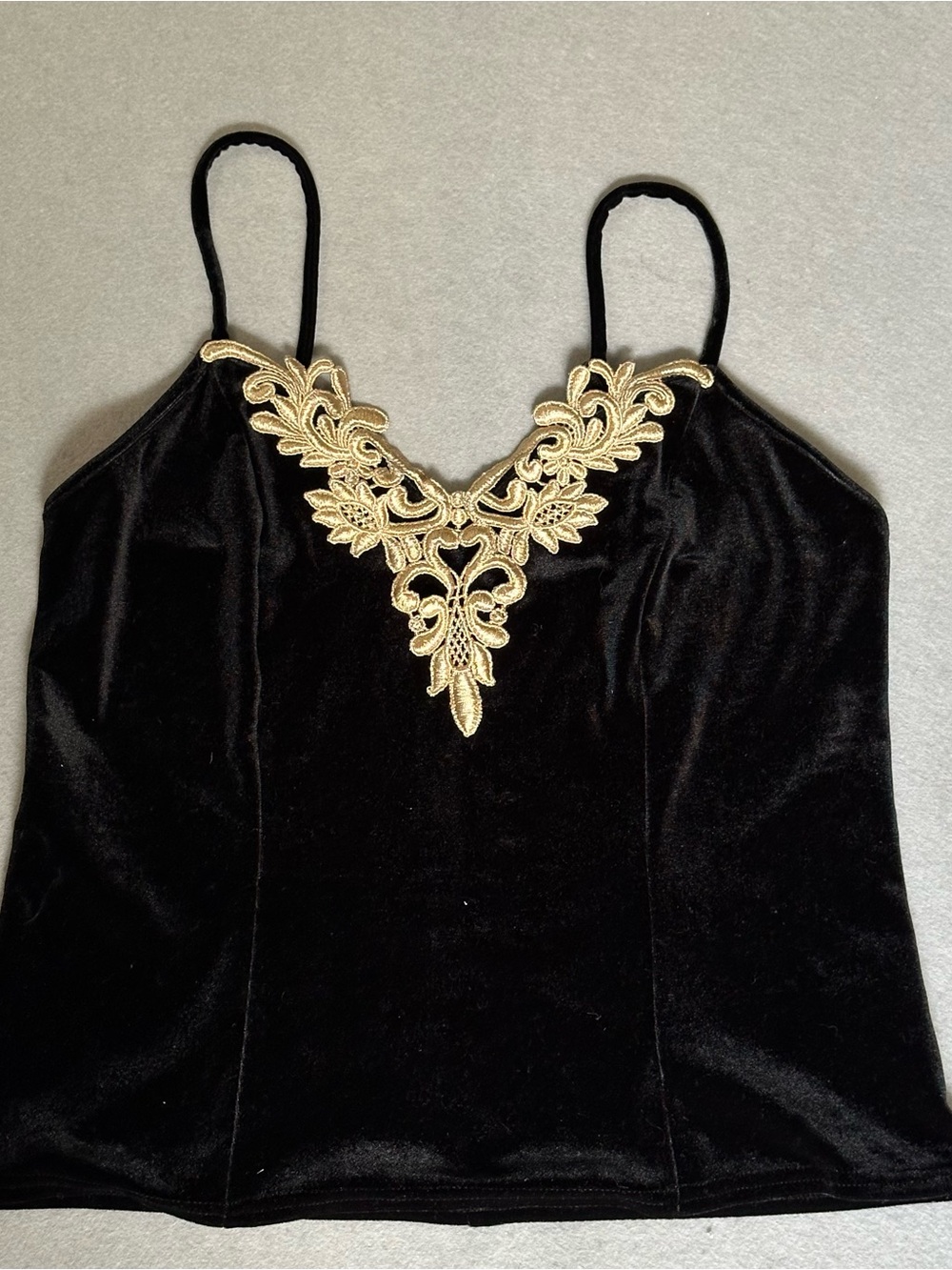delicates Black Velvet Camisole with Gold Lace Appliqué